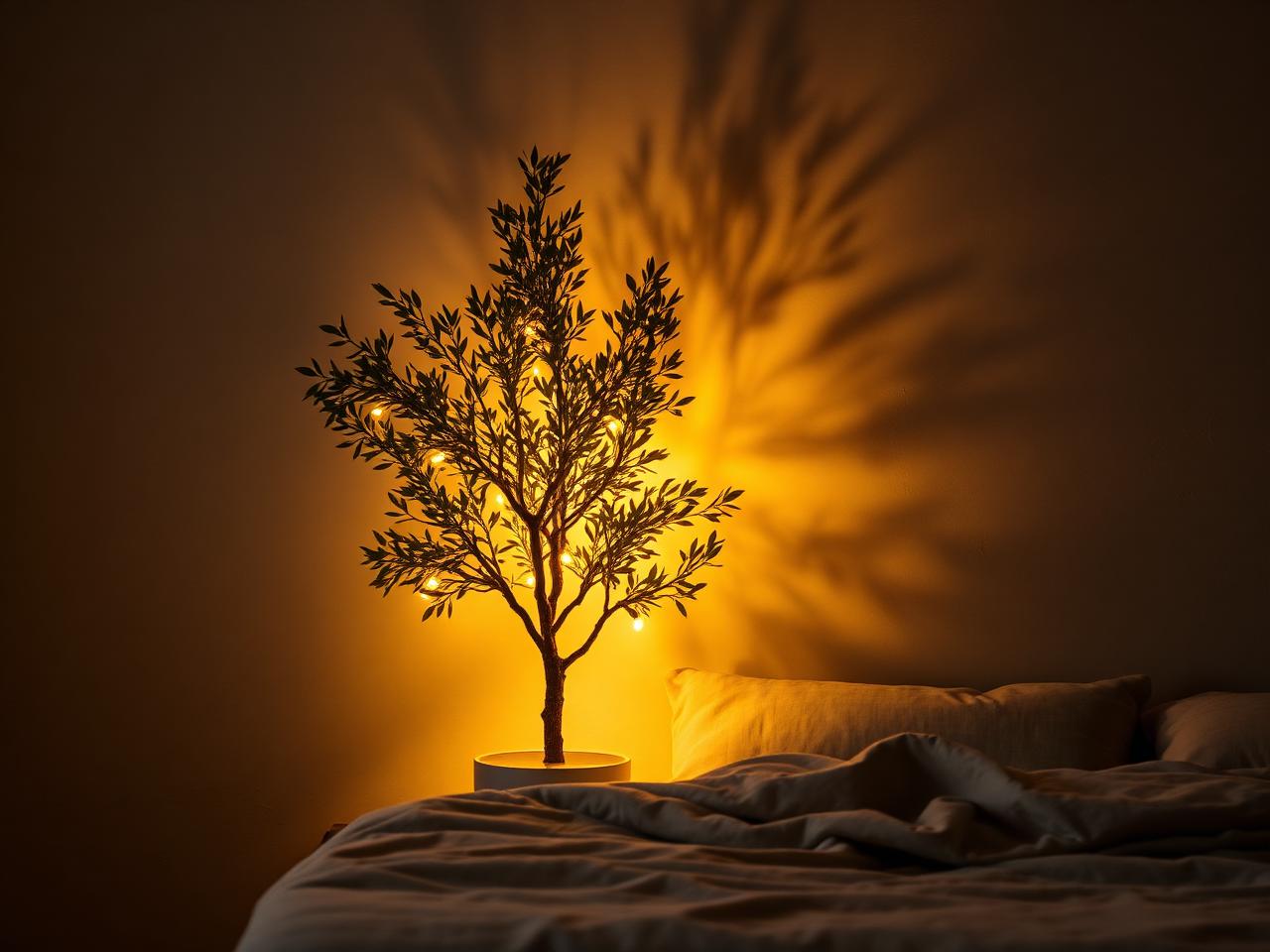 Olive tree softly lit by the Glow uplight at night