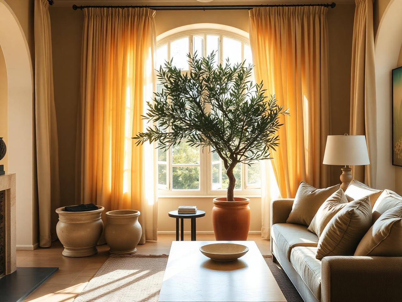 Olive tree styled in a Mediterranean living room